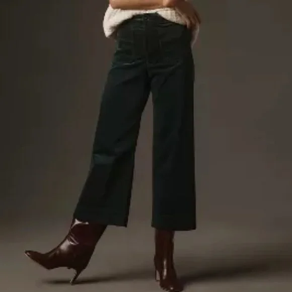 Anthropologie The Colette Cropped Wide-Leg Corduroy Pants Maeve Dark Green 27 4 - Picture 1 of 5